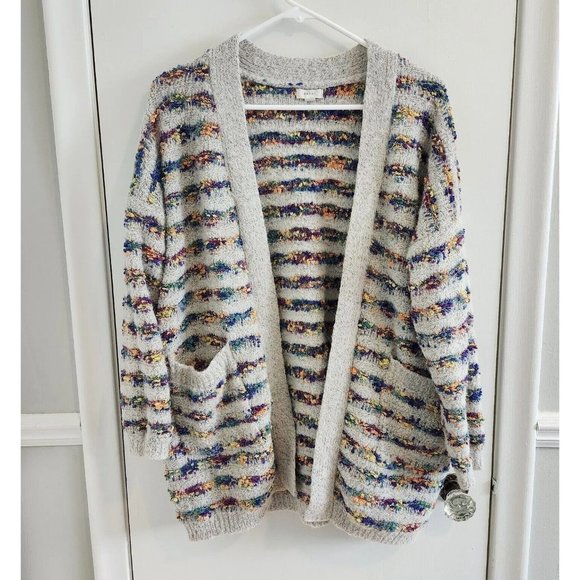 Debut Stripe Cardigan Women's Medium Open Front Pockets Sweater Fuzzy Texture - Picture 1 of 6
